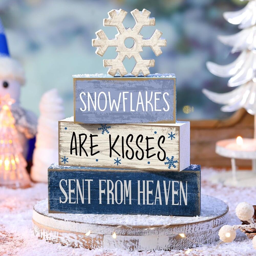 Rustic Winter Tiered Tray Wood Sign | "Snowflakes Are Kisses From Heaven" Decor